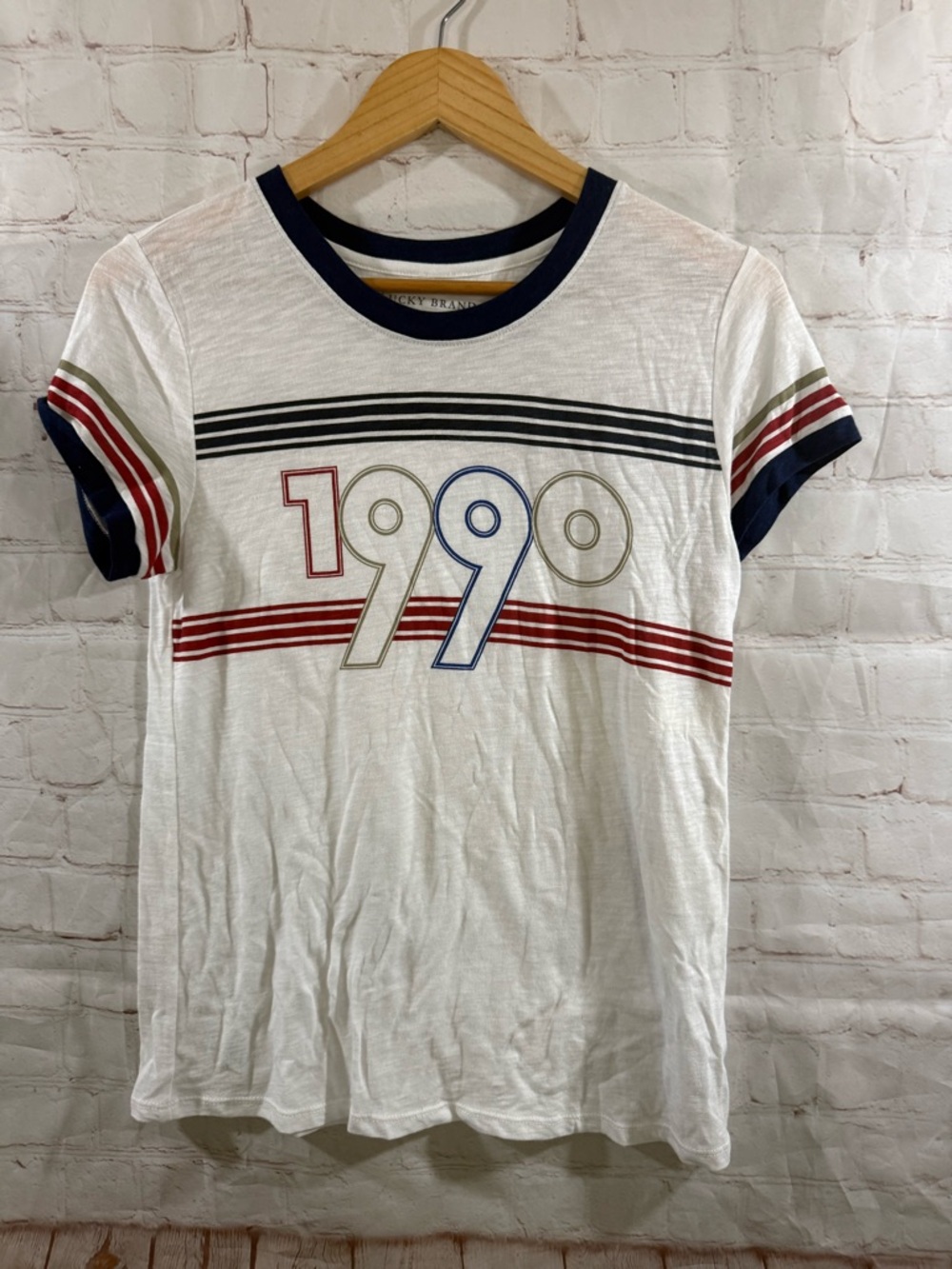 Lucky Brand Retro 1990 Graphic Ringer Tee in White with Blue Trim Womens Small - Picture 2 of 6